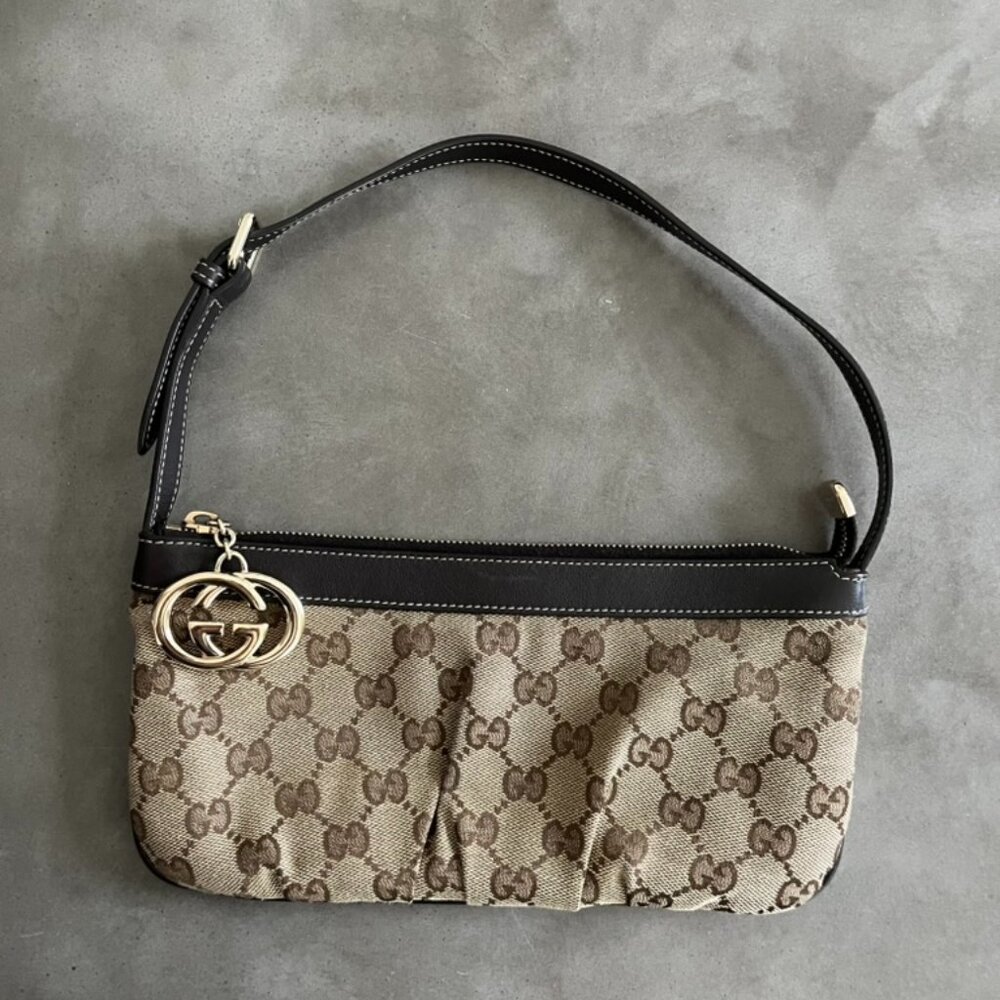 Gucci GG Brown Beige Gold Canvas Leather Shoulder Handbag-Excellent Very Rare!